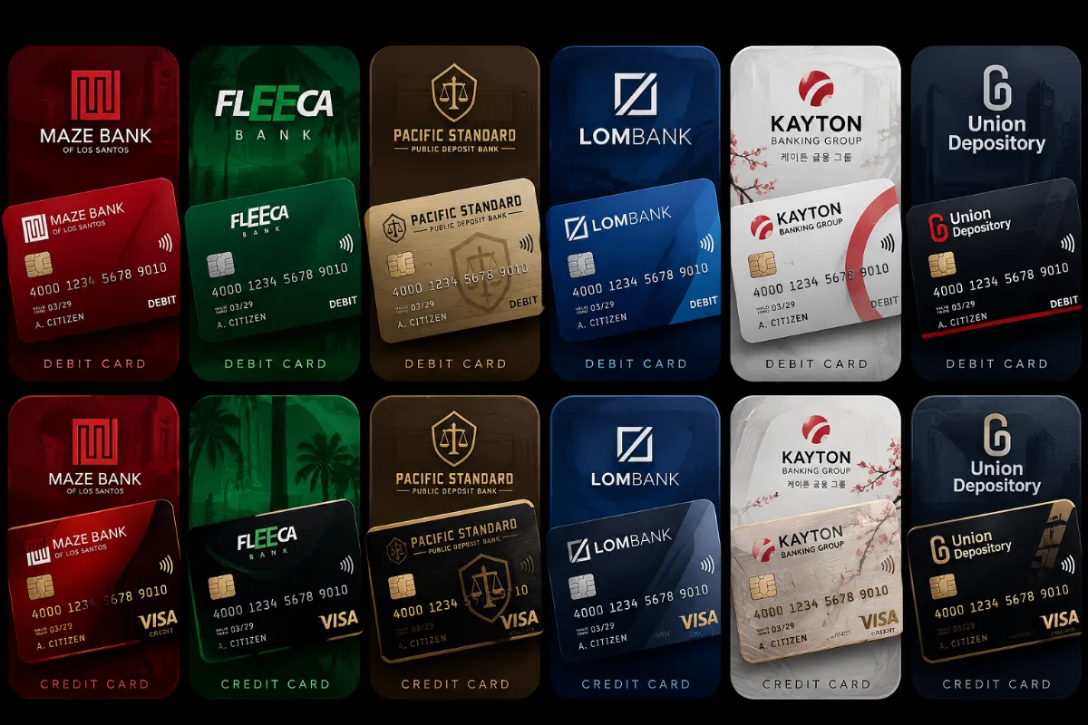 Maze Bank, Fleeca, Pacific Standard, Lombank, Kayton ve Union Depository banka ve kredi kartları